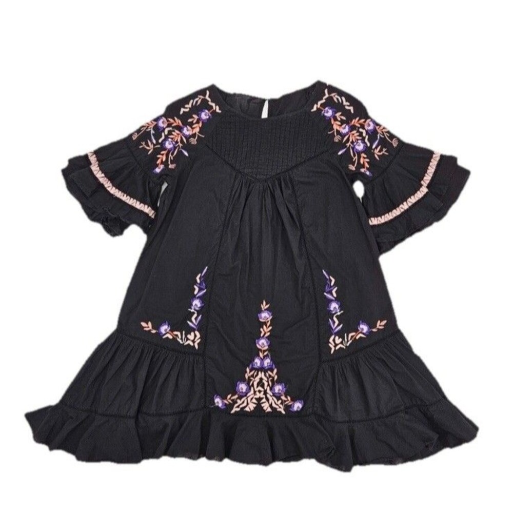 FREE PEOPLE Pavlo Embroidered Dress Women's Black Bell Sleeve Boho sz M